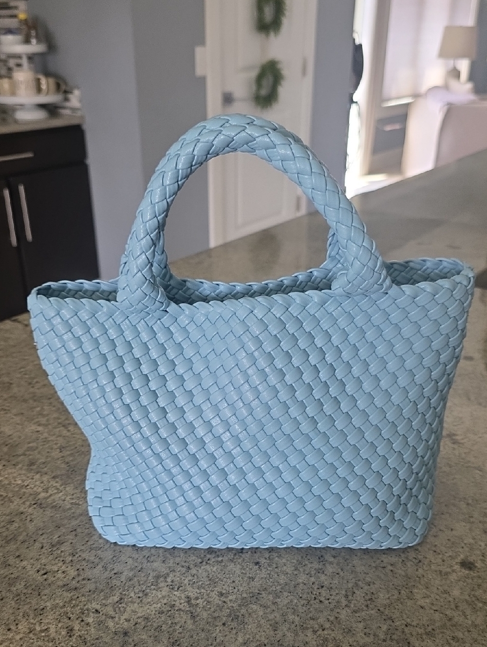 Woven Light Blue Tote Bag In A Soft Faux Leather